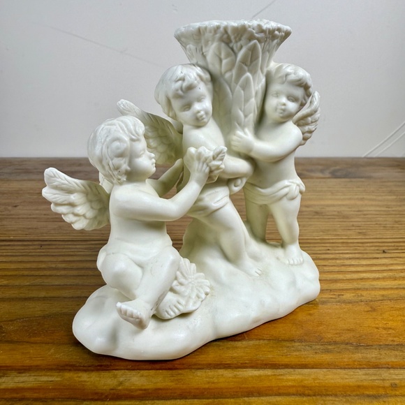 Vintage Cherub Trio Candle Holder | White Bisque Porcelain Angel Figurine - Picture 6 of 13